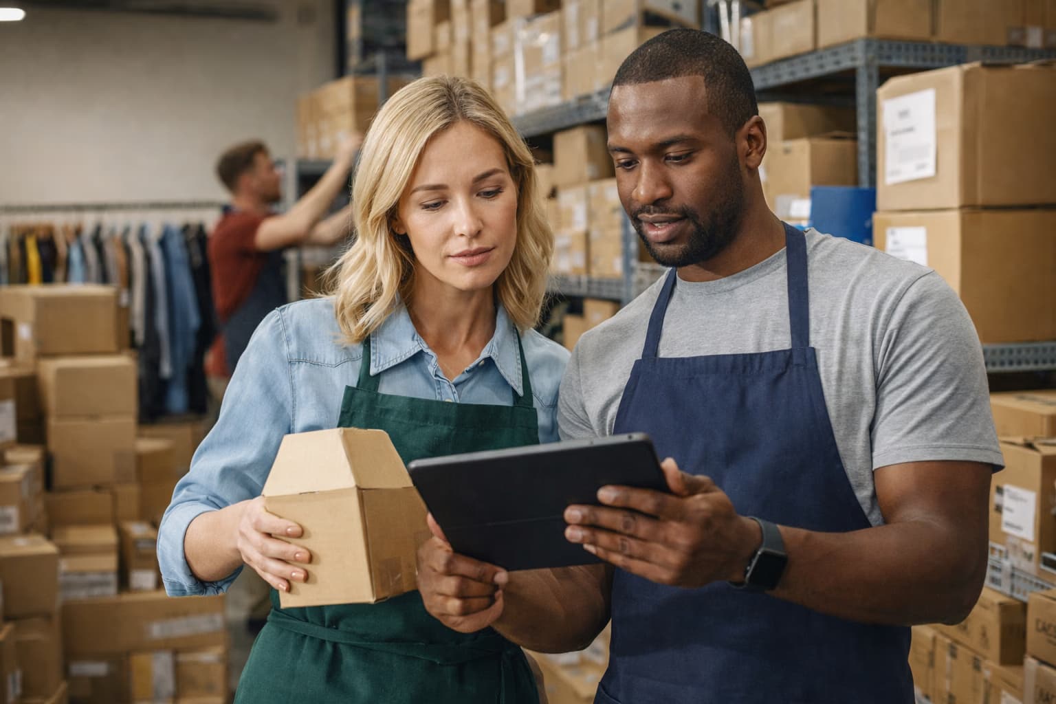 Small business team reviewing inventory on tablet in warehouse