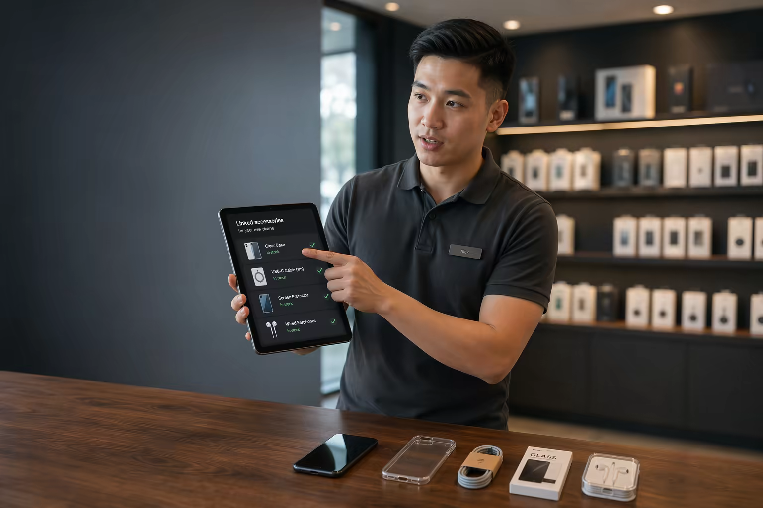 Electronics retail associate showing a linked accessories checklist on a tablet with related products — case, cable, screen protector, earbuds — laid out on the counter