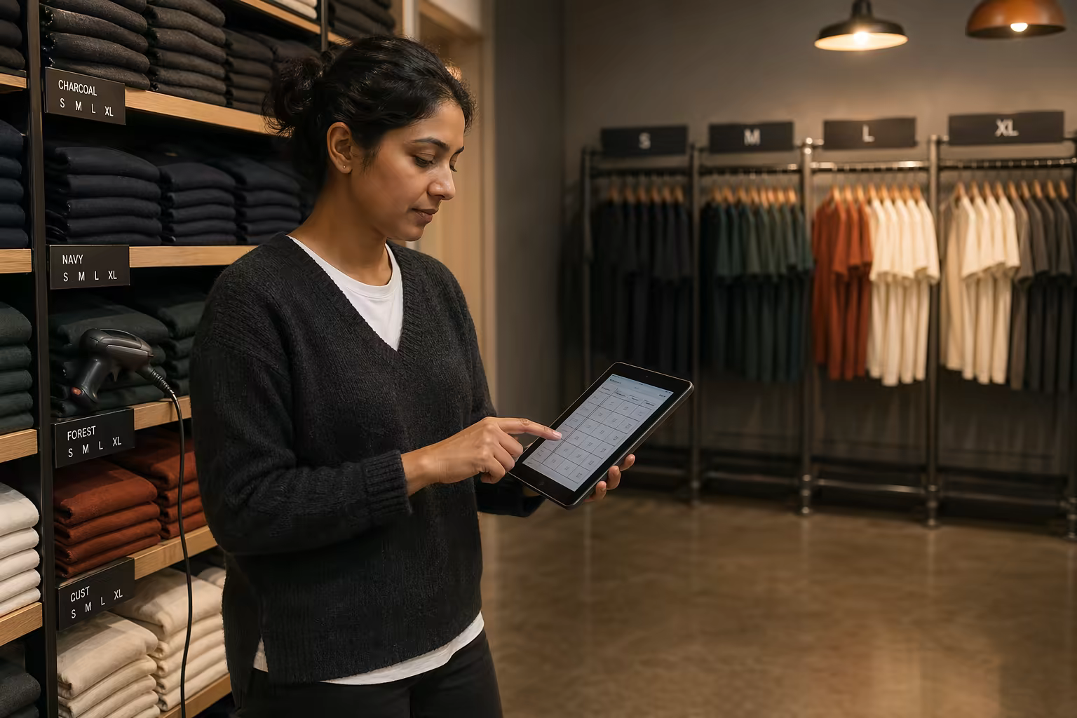 Retail merchandiser on a boutique floor checking apparel size variants on a tablet beside bins of folded T-shirts labeled by size and color