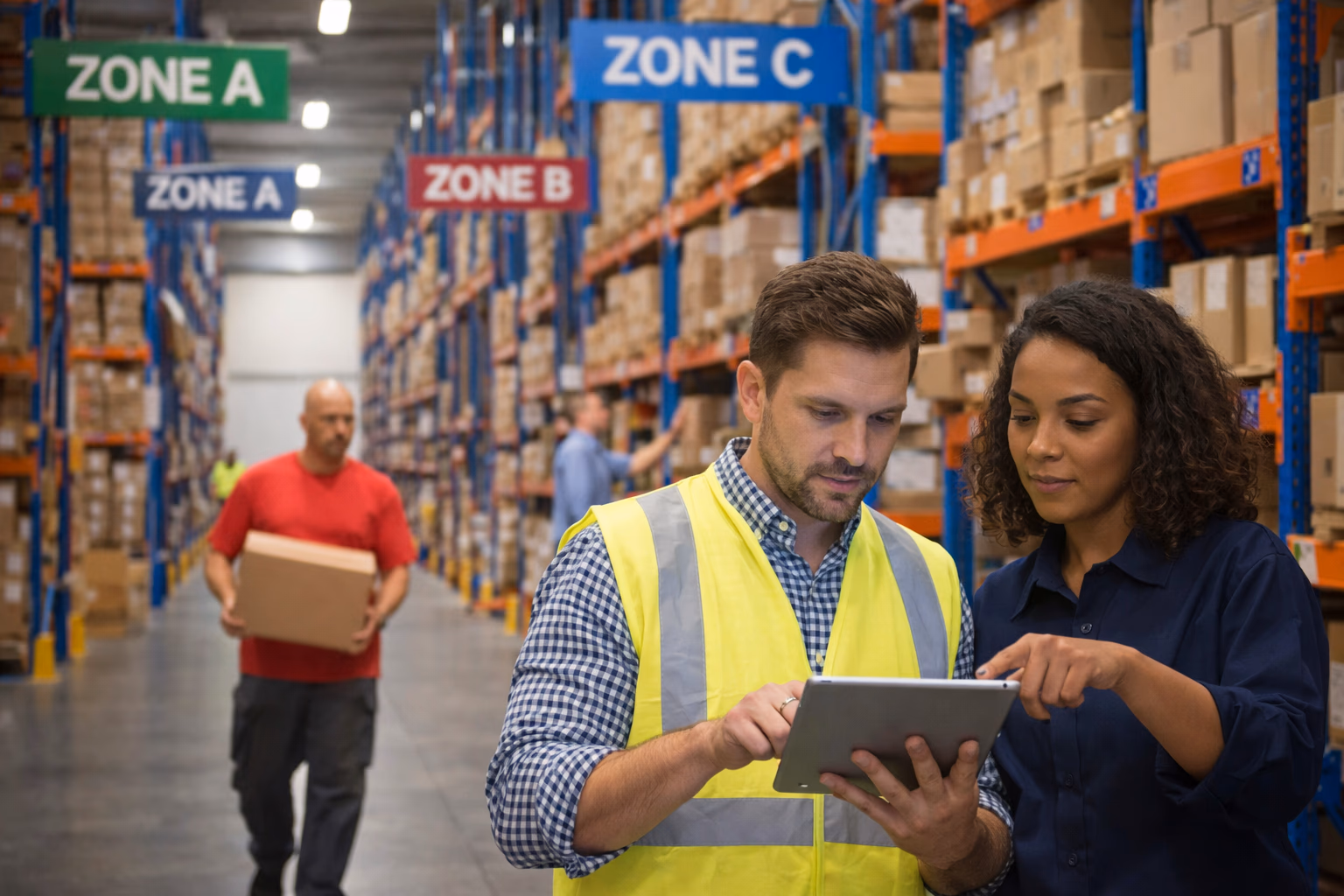 Organized warehouse shelving with labeled inventory zones