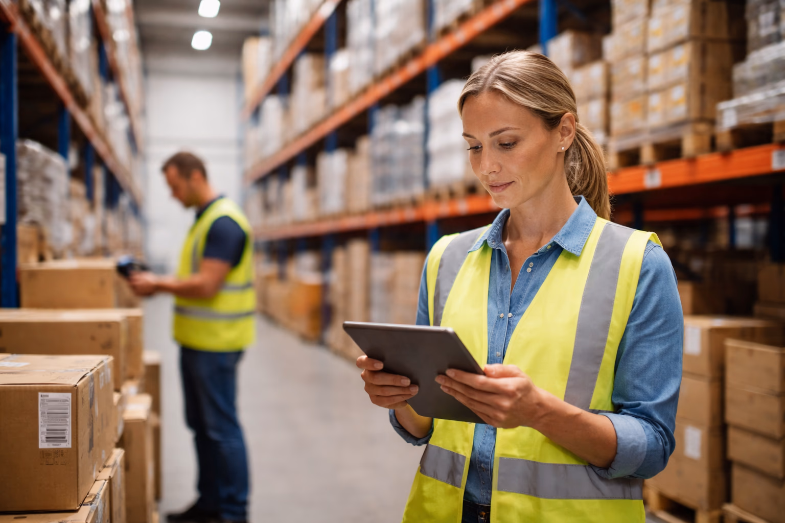 Warehouse worker locating inventory across organized storage zones