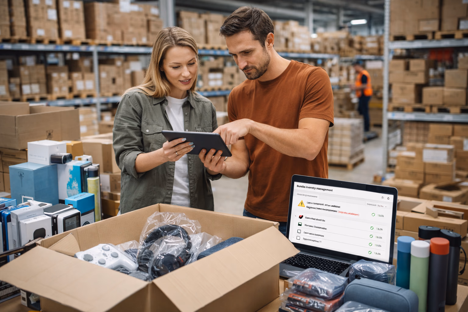 Product components arranged for bundle assembly in warehouse