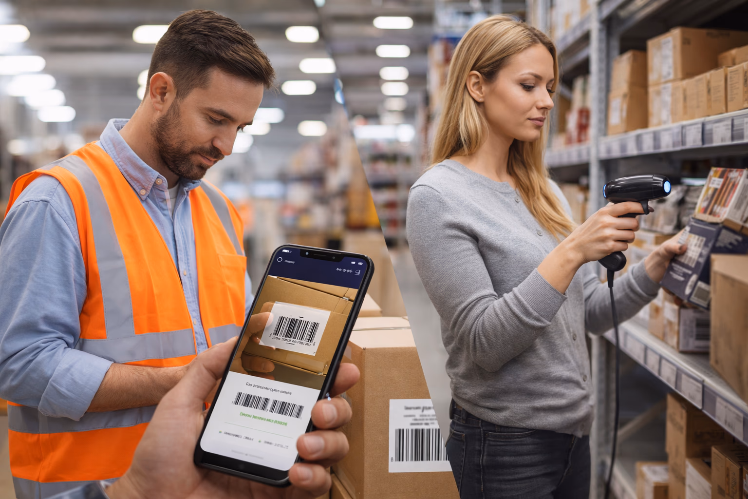 Warehouse worker scanning product barcode with mobile device