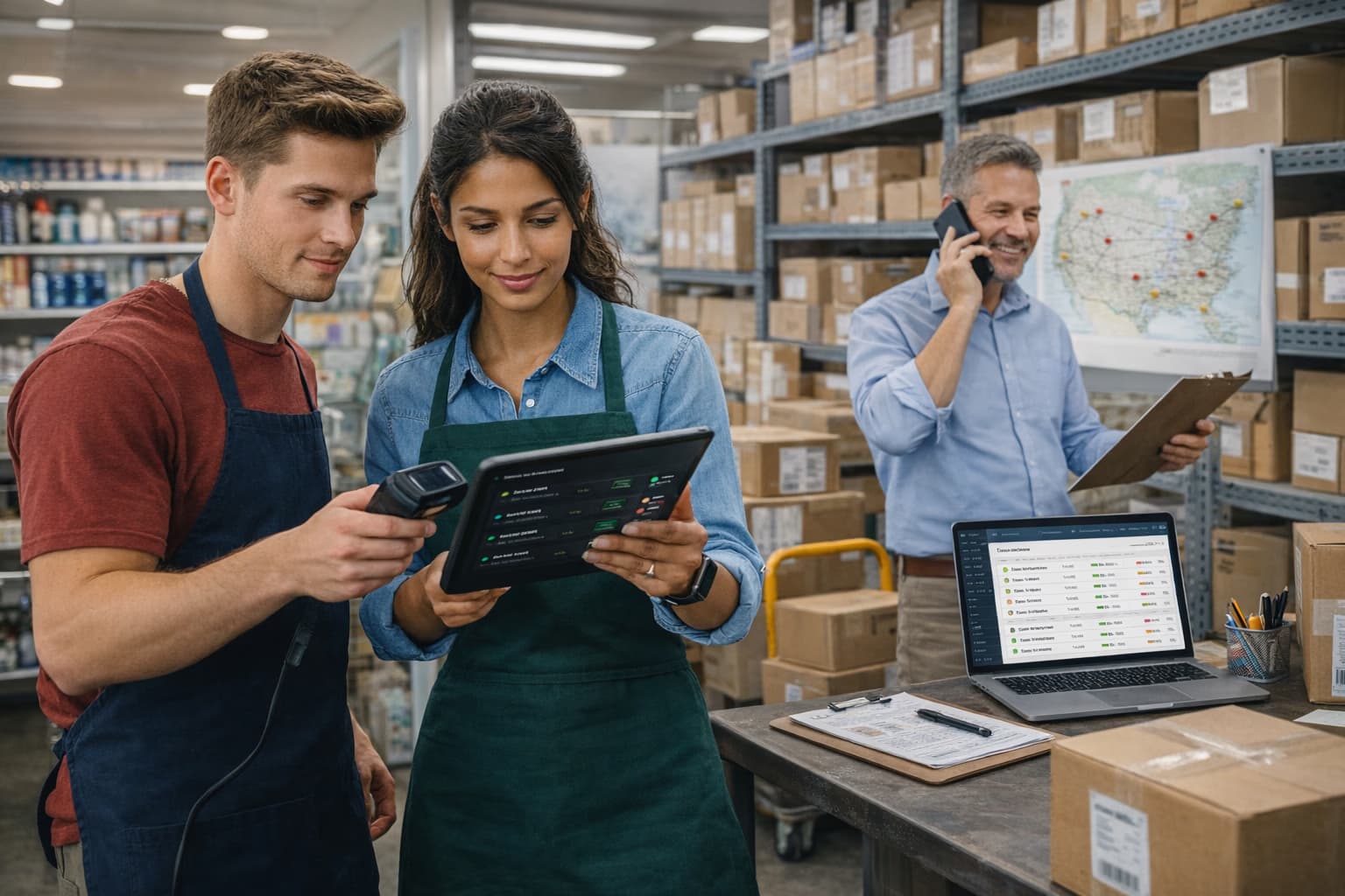 Warehouse team coordinating inventory across multiple locations